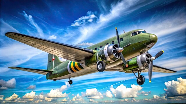 Vintage Military Aircraft in Flight - Classic C47 Skytrain Propeller Plane in Blue Sky Background
