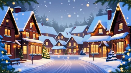 Charming winter village illuminated by festive lights under a starry night sky, perfect for celebrating the holiday spirit