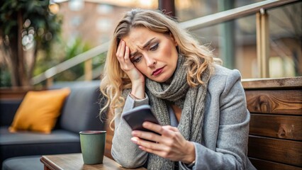 A tired woman leans her head on her hand while scrolling through her phone in a cafe, looking frustrated and fatigued.
