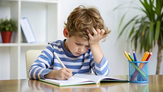 A young boy holds his head in frustration while struggling to focus on his homework at a desk, appearing overwhelmed.
