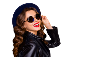 Сlose up photo of lovely cheerful girl have fun spring holiday laugh wear black look modern outfit isolated over yellow color background