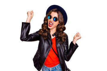 Photo of crazy lady in high spirits celebrating lottery winning wear casual trendy outfit isolated yellow color background