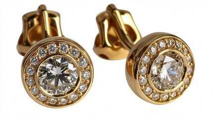 These earrings are made of yellow gold and have round diamonds. They are pictured against a white background.
