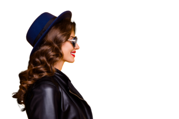 Profile side photo of content lovely girl have fun with friends stroll wear black leather jacket isolated over yellow color background