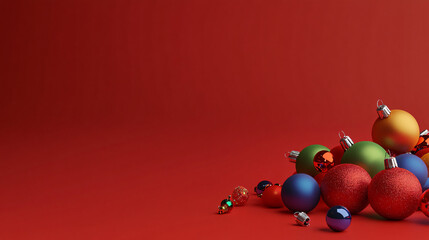 Red background with Christmas ornaments scattered on the floor