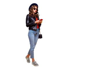 Full length photo of concentrated girl with curly hairstyle use her smart phone follow subscribe wear black jacket denim jeans clutch isolated over yellow color background