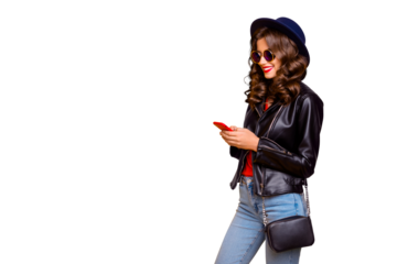 Profile side photo of cute sweet cheerful girl use her cellphone share post social network read feednews wear good black outfit denim jeans isolated over yellow color background