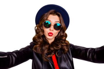 Close up photo of romantic lover girl make self portrait send kisses to her boyfriend followers wear black leather outfit isolated over yellow color background