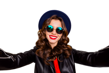 Close up photo of charming cheerful lady have fun on vacation make selfie wear black good look outfit isolated over yellow color background