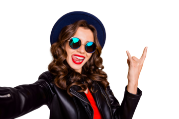 Close up photo of addicted funny heavy metal blogger enjoy party make selfie show two fingers horned signs wear black leather good look outfit isolated over yellow color background