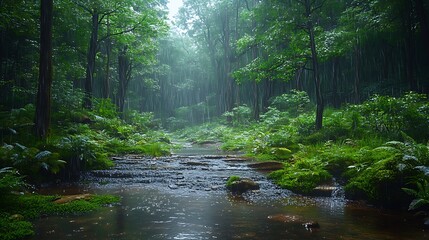 Fototapeta premium A small river flows through a dense, lush green forest in the rain.