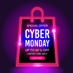 Cyber Monday neon banner sale. Cyber Monday neon background with 50 percent discount. Modern neon gift bag design. Vector illustration or shopping advertisement, retail sales and advertising campaign