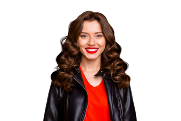 Closeup photo of lady with amazing beaming smile and red lipstick wear leather jacket isolated yellow color background