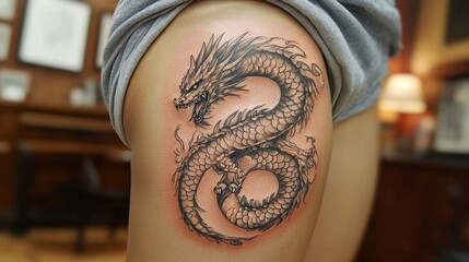 A detailed dragon tattoo on thigh.