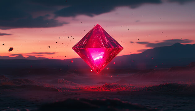 floating red and raw diamond suspended in the air above a desert landscape at night