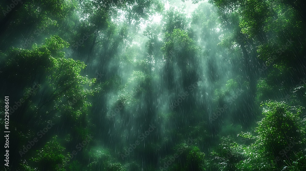 Poster sunlight streams through the canopy of a dense, lush forest.