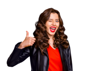 Close up photo of lady with red lips raising thumb up and winking eye wear leather jacket isolated yellow color background
