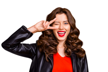 Close up photo of curly lady with amazing red lipstick showing v-sign near winking eye wear leather jacket isolated yellow background