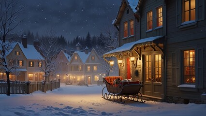 Fototapeta premium A cozy winter evening in a charming village with snow-covered homes and illuminated windows creating a magical holiday atmosphere