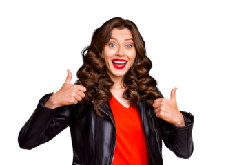 Close up photo of pretty lady raising thumbs up advising buy new product wear leather jacket isolated yellow background
