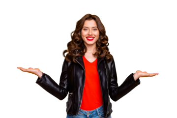 Photo of pretty lady promoter holding on arms two best products for picking wear leather jacket isolated yellow background