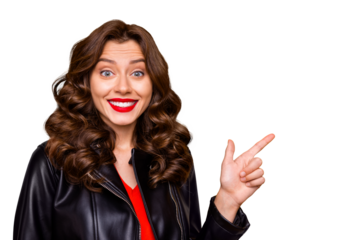 Closeup photo of pretty curly lady indicating finger empty space at low prices wear leather jacket isolated yellow color background