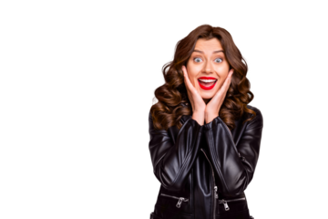 Photo of pretty lady watching banner with low prices shopping wear leather jacket isolated yellow background