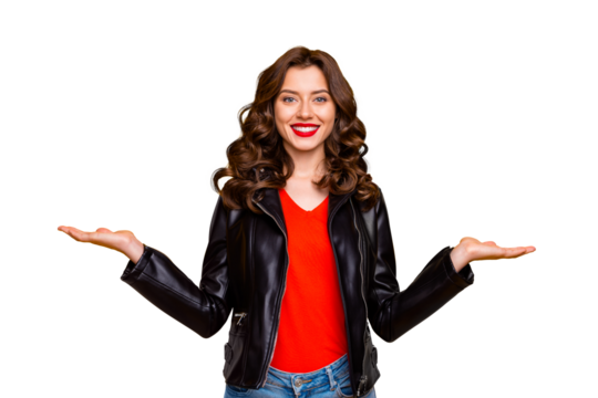 Photo of pretty lady promoter holding on arms two best products for picking wear leather jacket isolated yellow background