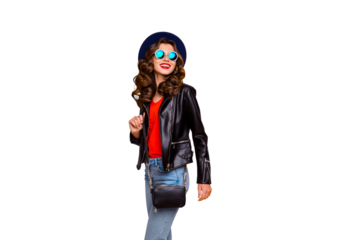 Photo of attractive lady walking down paris streets ready for shopping time wear stylish outfit with shoulder clutch isolated yellow background