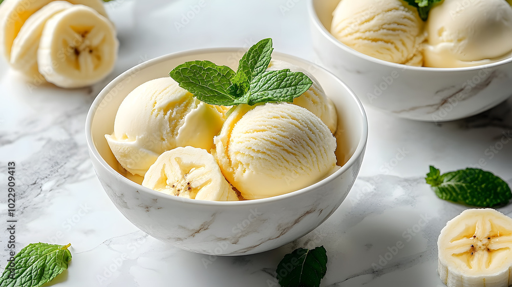 Wall mural A marble countertop houses a bowl of ice cream with sliced bananas and mint sprigs, alongside a separate bowl of sliced bananas and mint