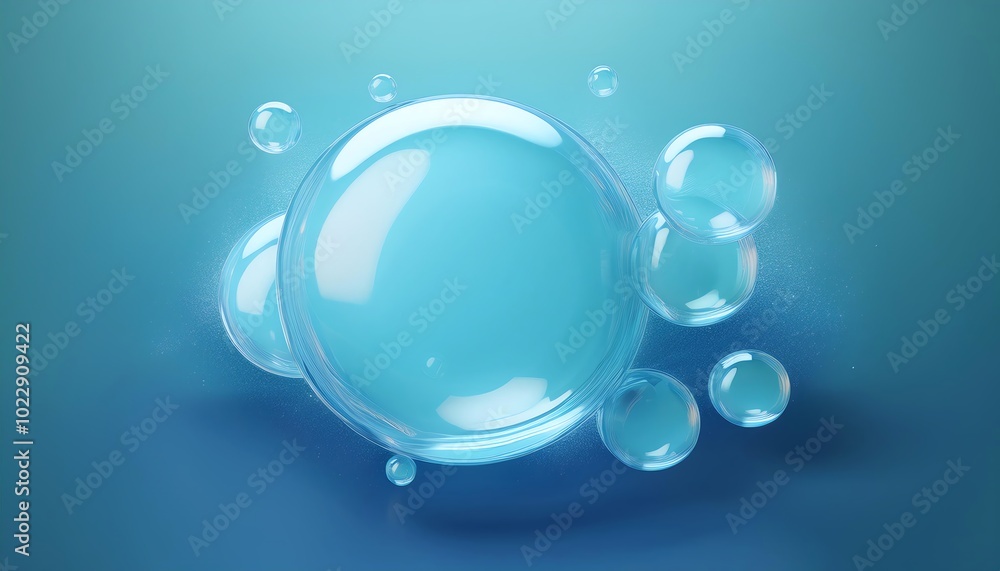 Poster a close-up of shiny, translucent bubbles varying in size, floating against a soft blue background, c