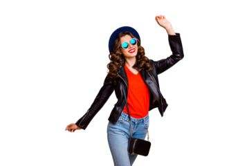 Photo of attractive lady walking down shopping center overjoyed by spring warm weather wear stylish outfit with shoulder clutch isolated yellow background