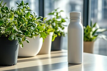 A reusable water bottle next to potted plants, soft light, environmentally-conscious office setting.