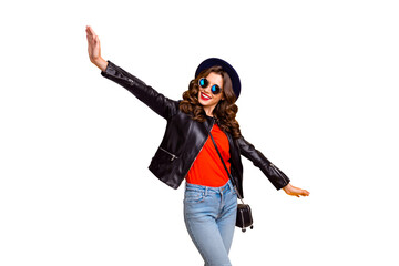 Photo of funny lady spread hands pretending air flight to warm countries wear casual outfit...