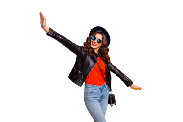 Photo of funny lady spread hands pretending air flight to warm countries wear casual outfit isolated yellow background