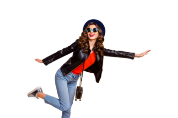 Photo of funny lady spread hands calling taxi auto wear casual stylish outfit isolated yellow color background