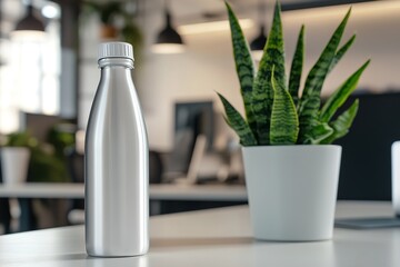 A reusable water bottle next to potted plants, soft light, environmentally-conscious office setting.