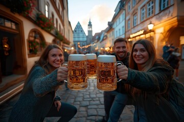 Friends raising their beer steins together in the charming Old Town of Bamberg during a lively evening celebration