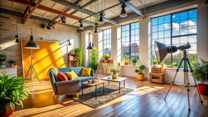 Warm and Inviting Studio Space for Creative Work Featuring Natural Light and Cozy Atmosphere