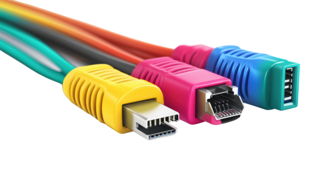 Colorful cables with various connectors isolated on a white background, transparent background.