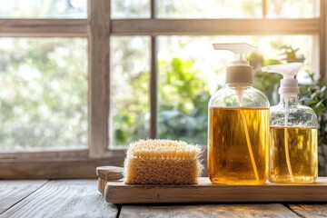 A close-up of eco-friendly cleaning products on a wooden counter, bright natural light, modern home.