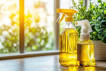 A close-up of eco-friendly cleaning products on a wooden counter, bright natural light, modern home.