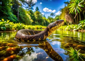Obraz premium Water Moccasin Swimming Gracefully in Clear Water Surrounded by Lush Greenery and Natural Habitat