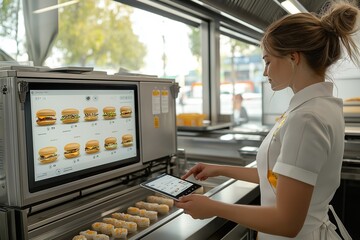 A dedicated cook in a modern fast-food kitchen skillfully using an app to manage orders and prepare delicious meals during a busy lunchtime rush