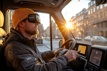 A driver navigates an electric last-mile delivery vehicle during a picturesque sunset in an urban neighborhood, showcasing innovation in transportation