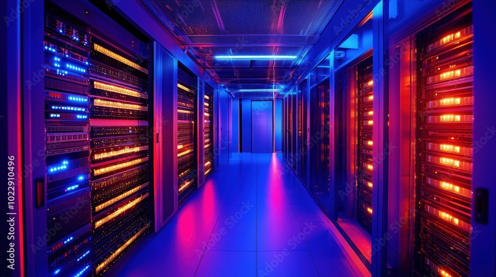 Poster data center with illuminated server racks and vibrant colors