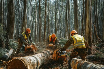 Dedicated forest workers meticulously logging eucalyptus trees in the tranquil woodlands during a crisp autumn day