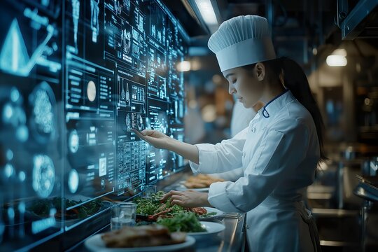 Innovative kitchen technology in a fast-paced futuristic restaurant where chefs prepare gourmet dishes using advanced cooking techniques