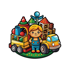 Colorful cartoon illustration of a child's toy truck loaded with various building blocks and a small child standing next to it.