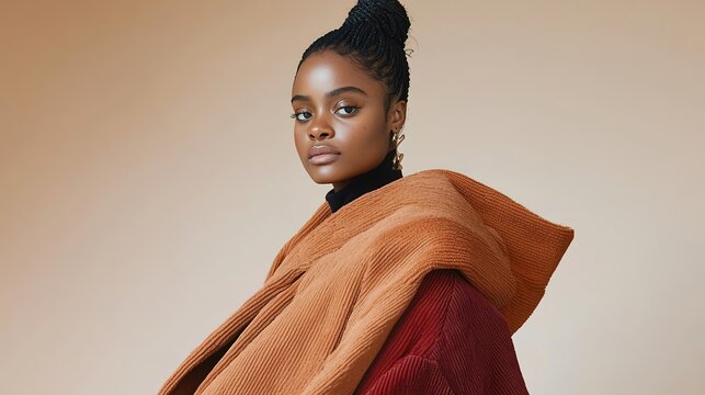 A professional model poses in a luxurious fashion studio, showcasing a fashion-forward winter coat draped elegantly over her shoulder. The rich colors and textures of the coat contrast beautifully